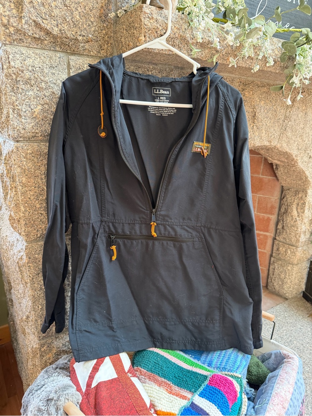 L.L. Bean Black Hooded Pullover with Yellow Accents